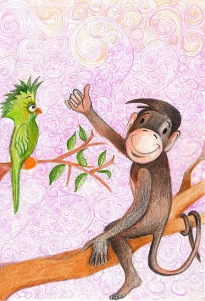 Ilustración del Cuento Infantil La lora y el mico mentiroso